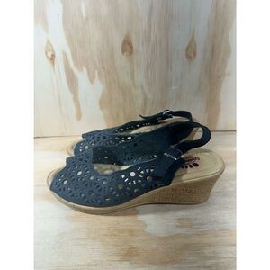 Spring Step Black Laser-Cut Slingback Wedge Sandals Women’s Size 6